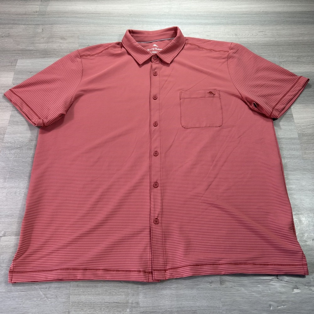 Tommy Bahama Shirt Mens 2XL Red Stripe Short Sleeve Button Up IslandZone UPF 50